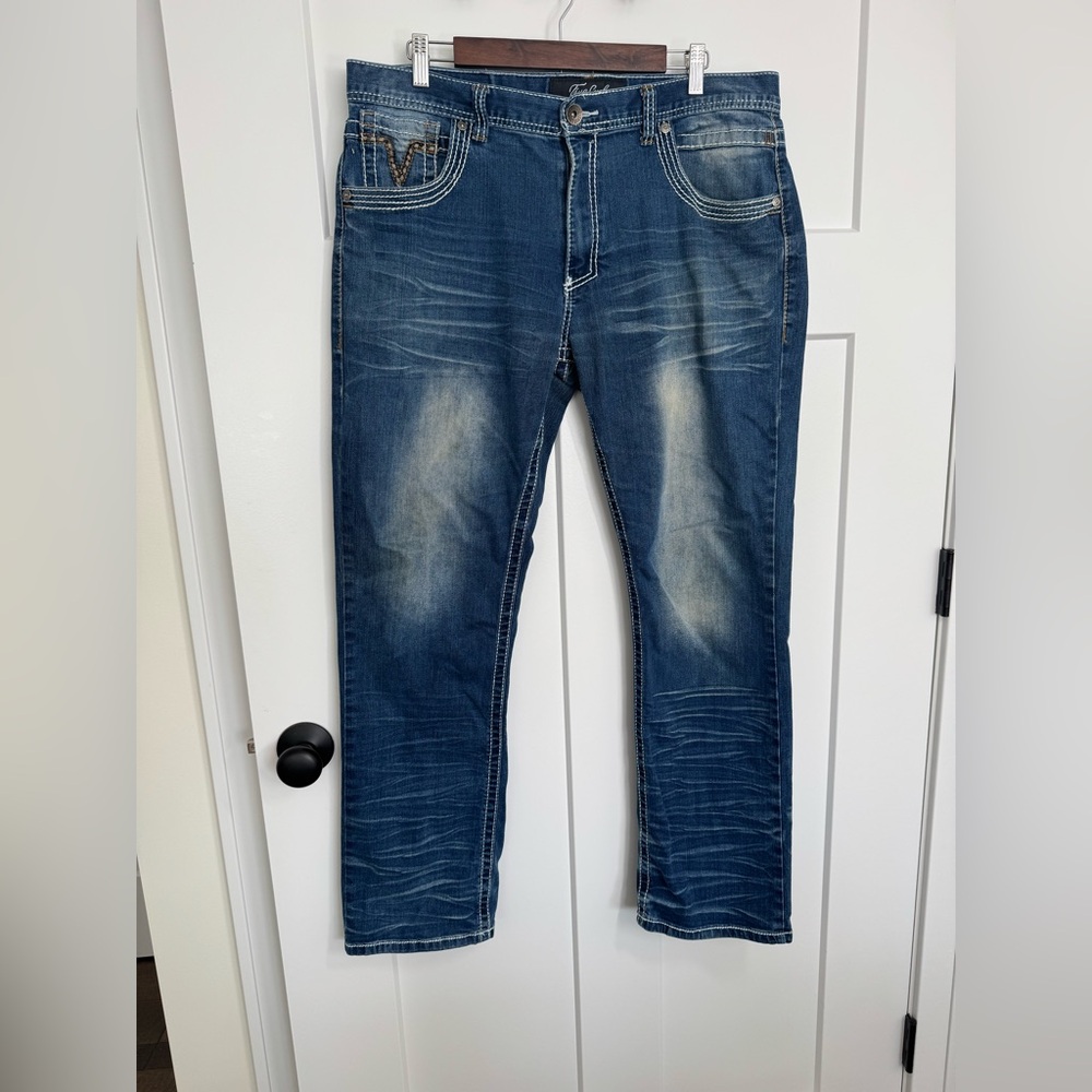 Men’s True Luck Blue Zip-Up Denim Jeans 36w 32l
